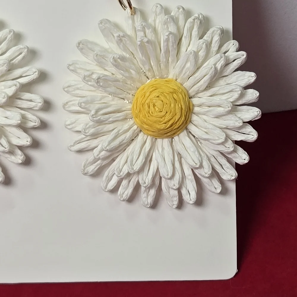 White Raffia Daisy Flower Earrings Boho Coastal Statement Spring Summer Jewelry